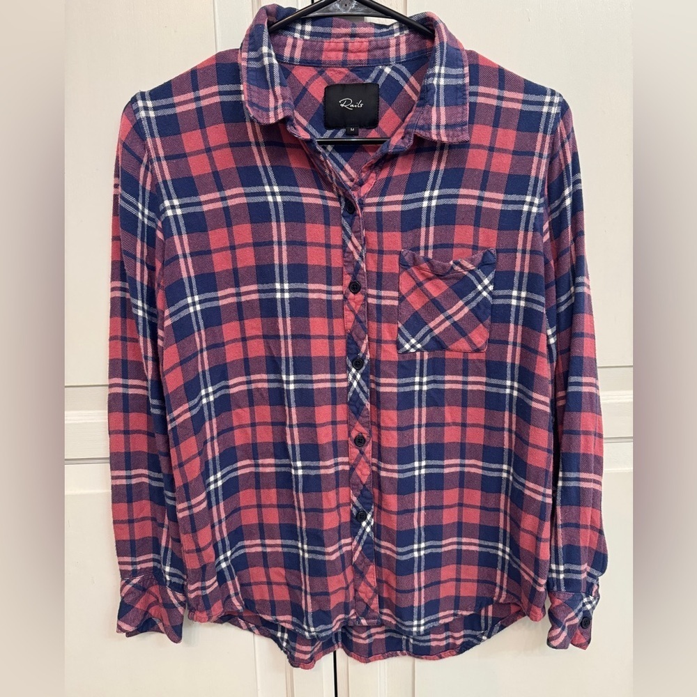 Rails Women’s Plaid Button-Down Shirt - Rust and Indigo with silver thread.